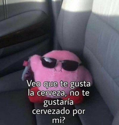 kirby stuffed animal on the seat of a car: 'veo que te gusta la cerveza, no te gustaría cervezado por mi?' ('i see you like beer, wouldn't you like beered / to be kissed (cervezado / ser besadao) by me?')